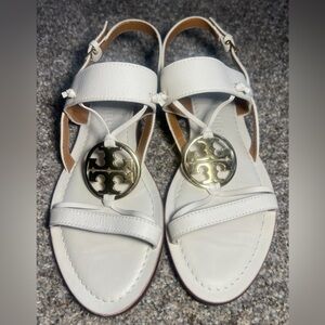 Tory Burch White Sandals with Gold Medallion